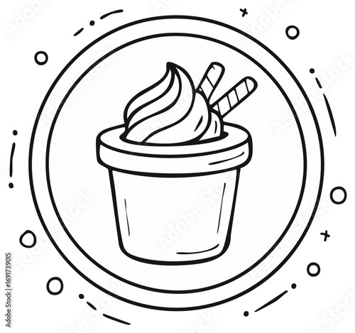 Hand drawn doodle of ice cream in a cup with wafer sticks. Sweet dessert vector line art icon in a circle frame.