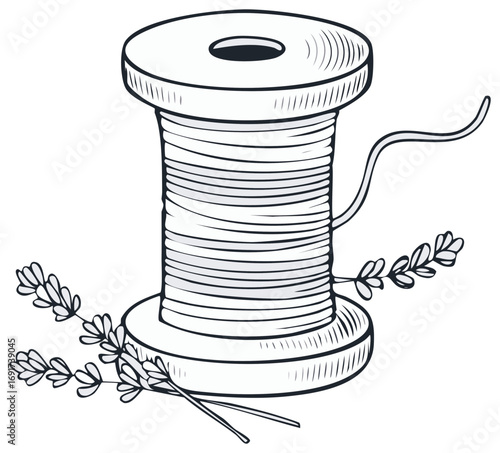 Elegant spool of thread alongside lavender sprigs in a detailed artistic line art illustration