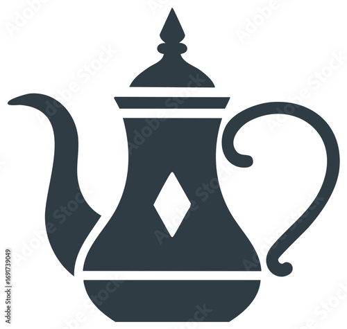 Stylized Dallah Coffee Pot Icon with Diamond Emblem and Elegant Spout and Handle