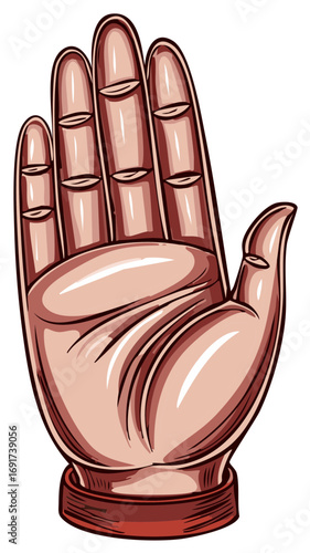 Stylized illustrated hand sculpture in a blessing mudra or stop gesture