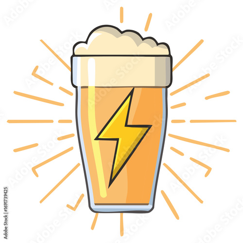 Beer glass with lightning bolt symbol, energy, power concept cartoon illustration.