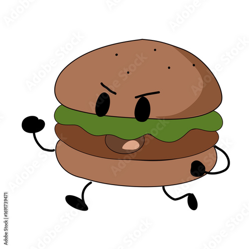 Funny cartoon illustration of an angry hamburger character with arms and legs, symbolizing fast food, junk food, and playful food mascots in a humorous style.