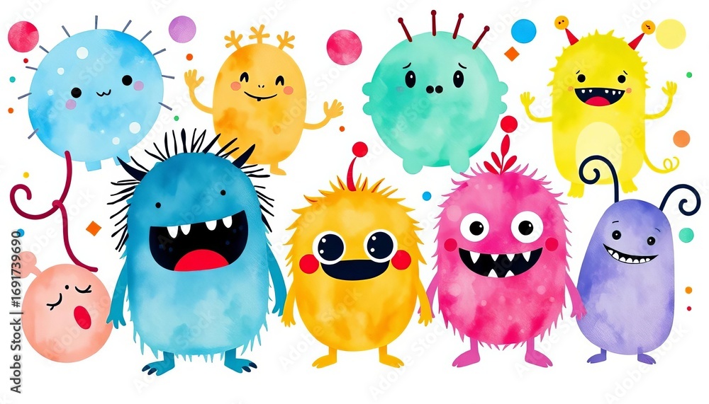 Fototapeta premium Cute watercolor monsters in vibrant hues, whimsical shapes, white background , abstract, funny