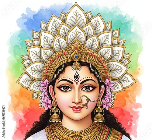 Goddess Durga is artistically depicted with splashes of colorful watercolor.