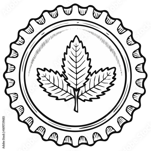 Black and white illustration of beer bottle cap with a leaf.