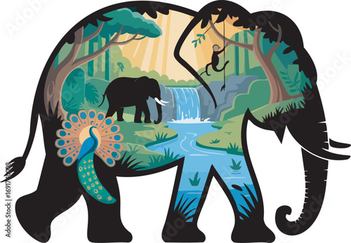Elephant filled with forest scene showing waterfall and vibrant wildlife