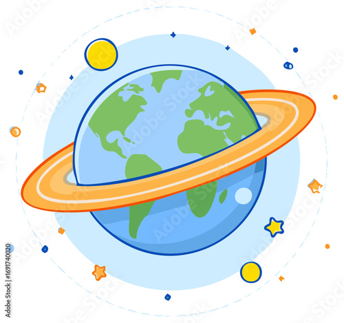 Cartoon World Globe Planet with Ringed Satellite Graphic Illustration