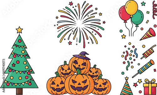 Festive Holiday and Halloween Icons Collection with Christmas Tree Pumpkins and Fireworks Keywords: christmas tree, christmas, holiday, xmas, winter, decoration, ornament, star, lights, garland