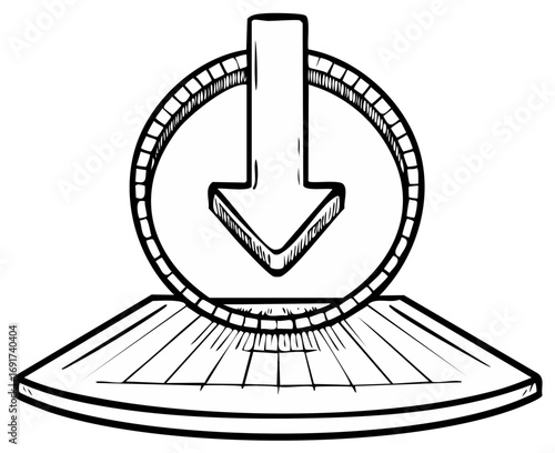 Artistic sketch of a download icon featuring a down arrow and textured circular base symbol