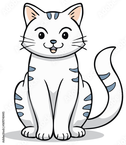 Cute cartoon cat with white fur and blue stripes, sitting and smiling