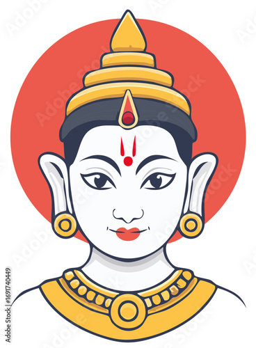 Traditional Asian Deity or Prince with Ornate Golden Crown Vector Illustration