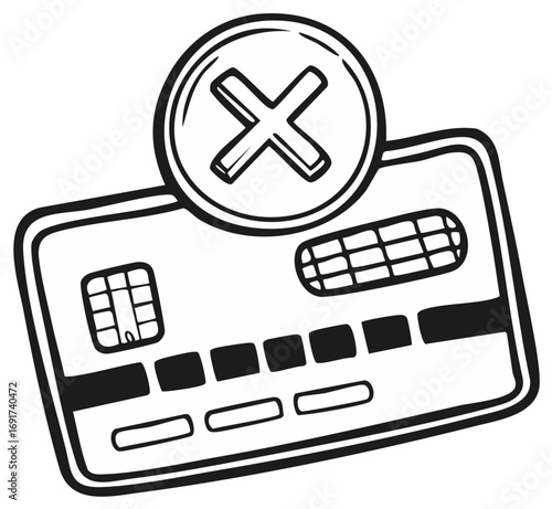 Sketch style illustration of a credit card with a prohibition symbol suggesting declined payment or rejection of transaction
