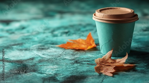 Blue - Green Disposable Coffee Cup With Brown Lid And Autumn Leaves On Textured Blue - Green Background