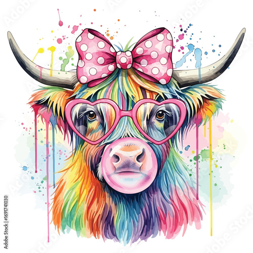 Highland cow wearing pink heart sunglasses and a polka dot bow blowing bubblegum animal portrait
