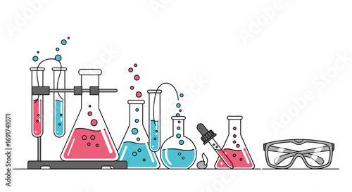 Science experiment tools and beakers for chemistry research and lab safety illustration, modern science