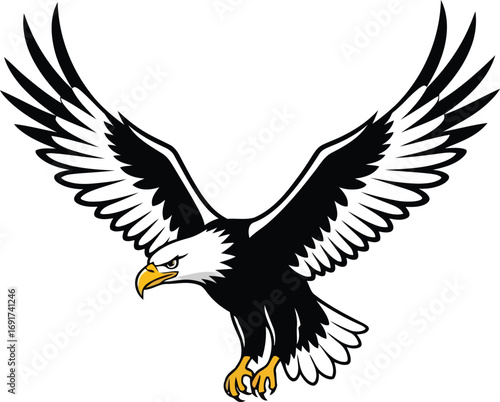 Majestic Bald Eagle in Flight with Wings Spread Wide on a White Background bird raptor