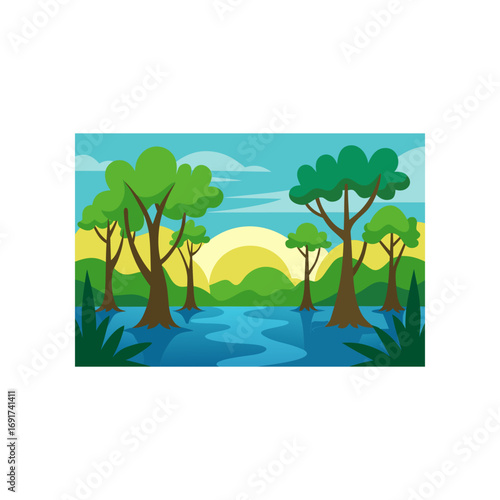 Vibrant cartoon landscape with lush green trees reflected in calm blue water under a bright yellow sun and soft clouds