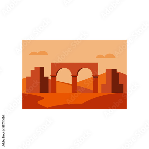 Stylized flat illustration of an ancient roman aqueduct structure with arches and surrounding desert landscape under a warm sky