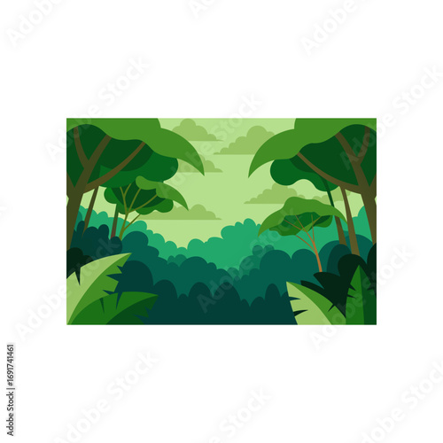 Vibrant green jungle landscape with lush foliage trees and soft clouds in a stylized flat design illustration