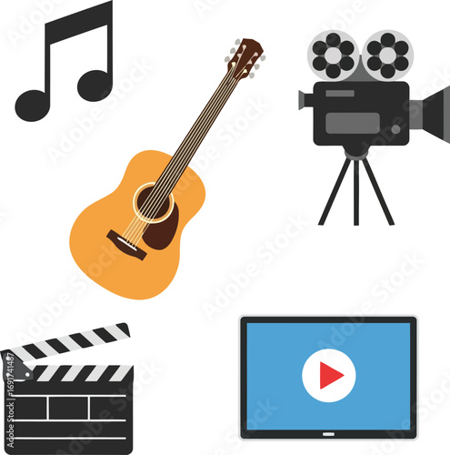 Music Film and Video Production Icons Including Guitar Notes Camera and Screen Keywords: music, film, video, production, guitar, acoustic guitar, musical notes, treble clef, camera, video camera