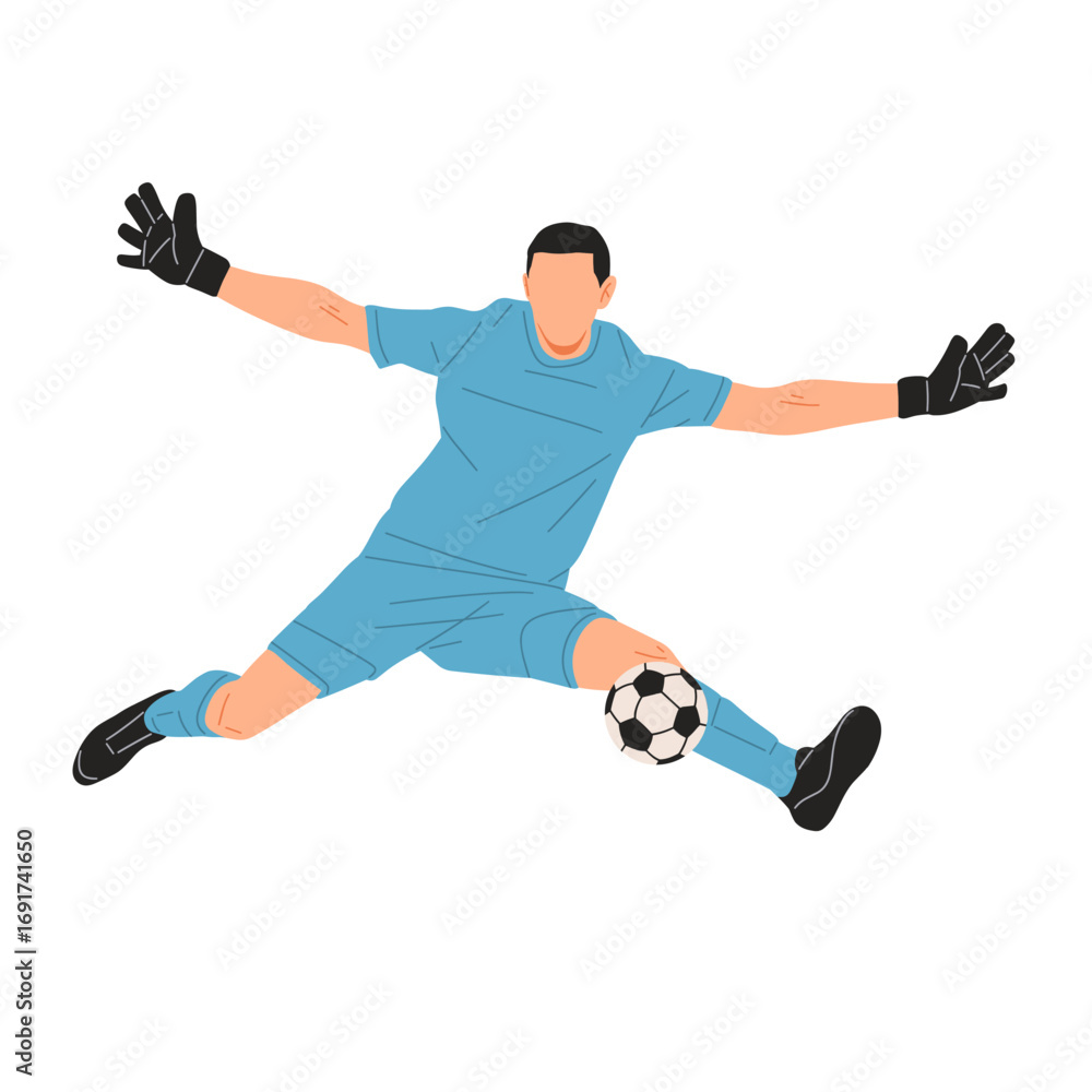 Obraz premium Vector illustration of a male soccer goalkeeper in orange uniform jumping and catching a football with gloves. Perfect for sports, competition, match, and athletic design concepts.