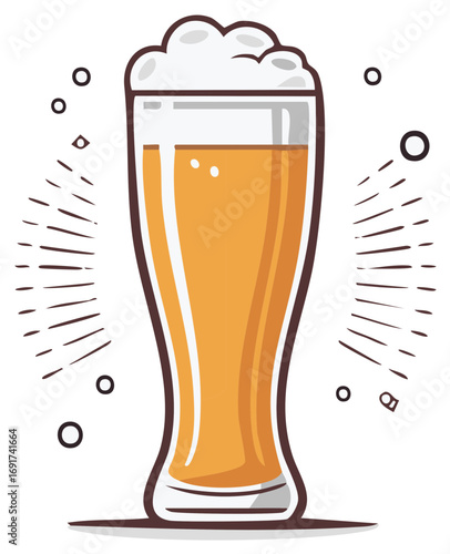 Vibrant cartoon illustration of a tall glass of golden beer with frothy foam and radiating effervescence.