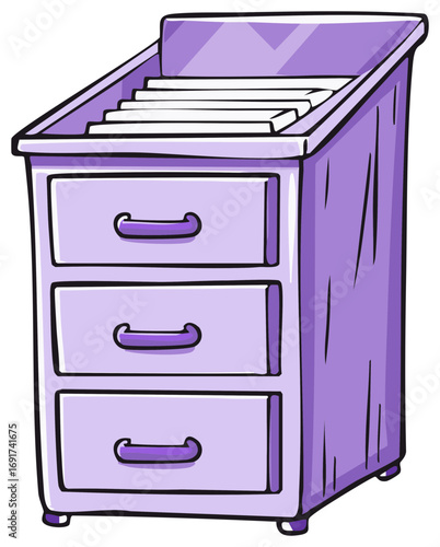 Cartoon purple dresser with drawers and open top holding documents and files