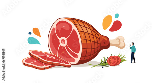 Appetizing ham presentation with rosemary and tomato, perfect for culinary projects and foodie blogs