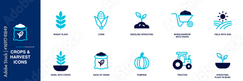 Crops and Harvest Blue Colored Outline Icon Set