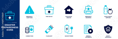 Disaster Preparedness Blue Colored Outline Icon Set