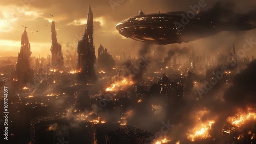Futuristic cityscape in flames with hovering spacecraft