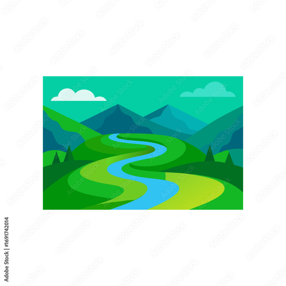 Fototapeta premium Stylized illustration of a winding blue river flowing through lush green rolling hills and distant blue mountains under a teal sky with fluffy white clouds