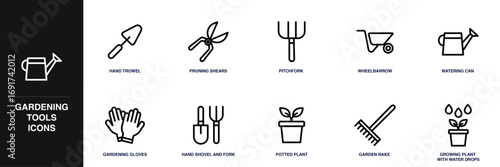 Gardening Tools Line Icon Set