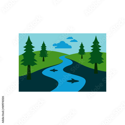 Stylized illustration of a winding blue river flowing through a green landscape with pine trees and fluffy clouds under a light blue sky