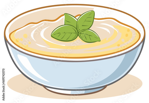 Bowl of creamy vegetable puree soup with a fresh basil leaf garnish cartoon illustration