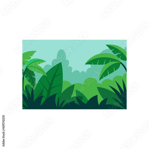 Vibrant green jungle foliage and palm leaves create a lush tropical forest scene with a hazy blue sky and soft clouds in the background