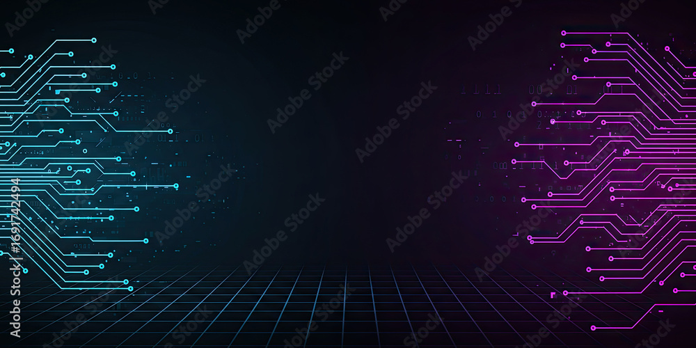 Obraz premium digital circuit board with glowing neon lines and binary code