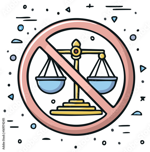 Doodle style vector icon representing injustice inequality and corruption with a crossed out scales of justice symbol