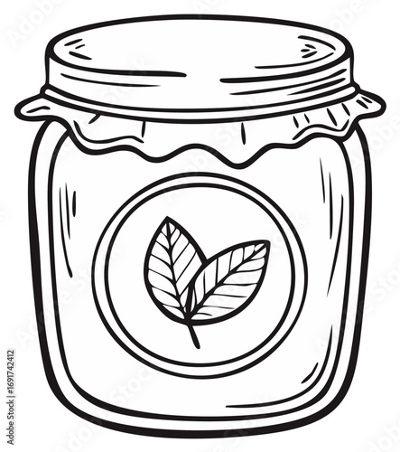 Hand drawn outline illustration of a glass jar with a natural leaf label