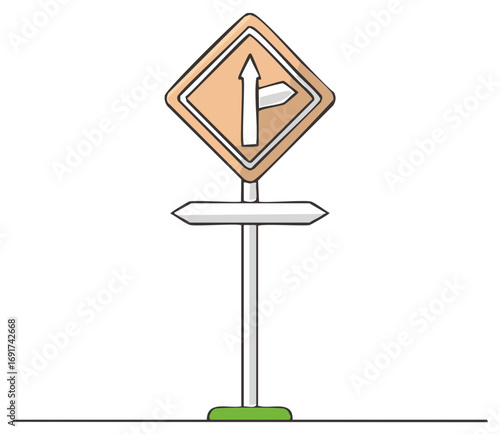 Hand-drawn directional road sign with multiple arrows indicating different paths, with a split lane