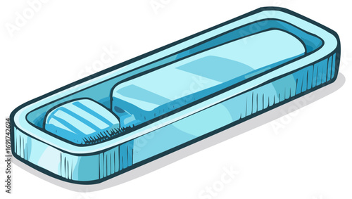 Hand-Drawn Style Illustration of Pale Blue Rectangle Soap Dish with Soap Bar Inside It
