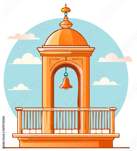 Bell Tower Structure Featuring Hanging Bell, Balcony, Sky, and Clouds