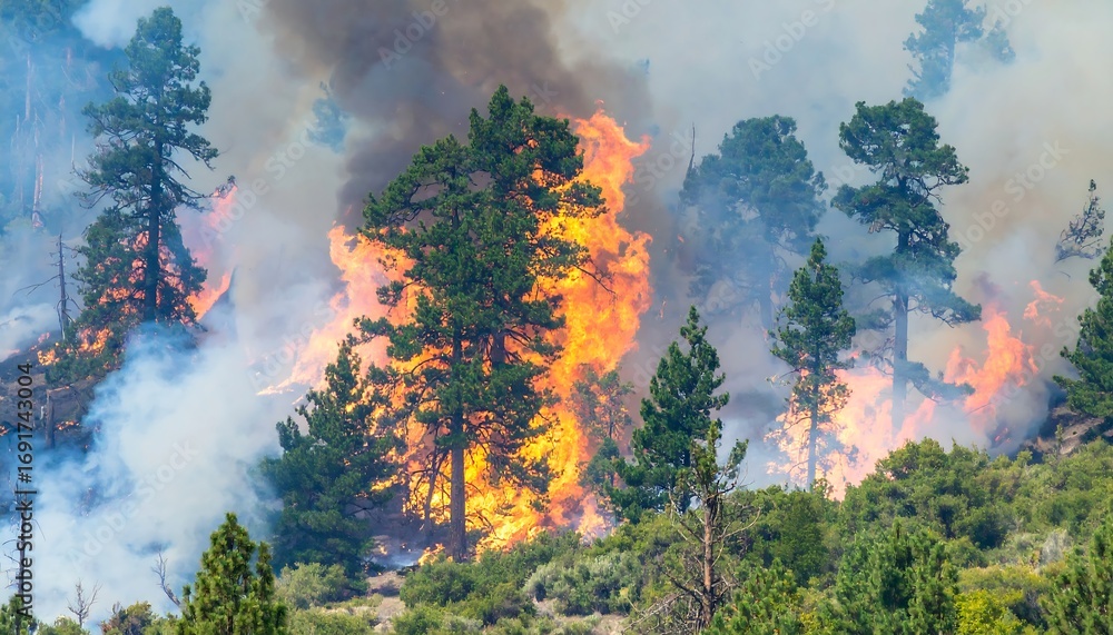 Fototapeta premium Wildfire engulfing pine trees