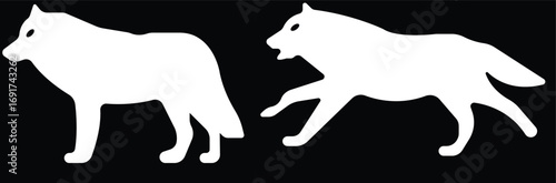 Art & IllustrationWolf icon set.Wolf silhouette icon set. Howling predator sign. Wild canine animal symbol. Vector illustration.A sleek of wolf standing, captured against a clean.Wolf standing, in bla