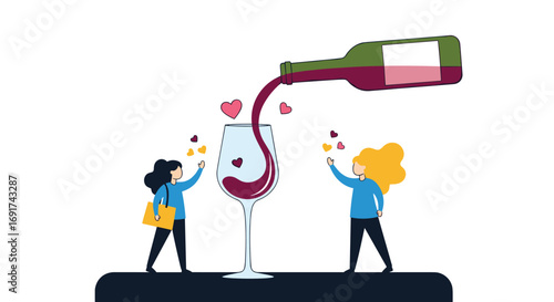 Animated wine pouring into glass with hearts for celebrations and romantic evenings at home