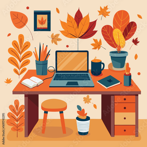 Cozy autumn desk with laptop open book and orange leaves vector