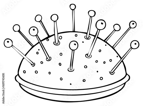 Pin cushion illustration filled with sewing needles with round heads crafting supplies
