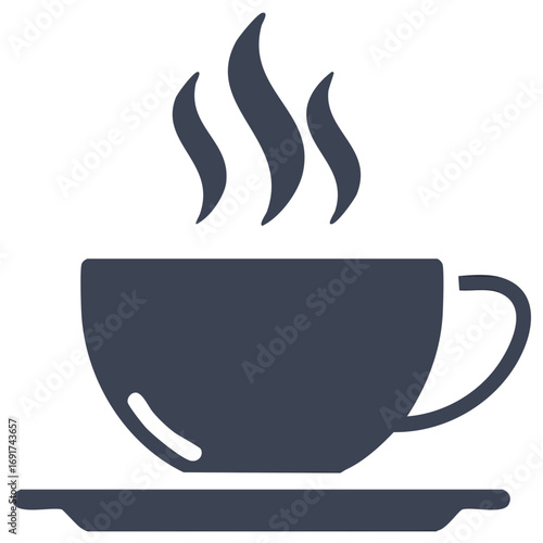 Steaming cup of coffee on saucer, simple flat icon design, fresh brewed beverage