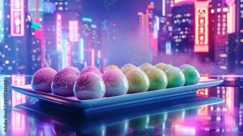 Fototapeta Naklejka Na Ścianę i Meble -  Vibrant pastel dessert spheres arranged on a platter against a dazzling neon city skyline backdrop
