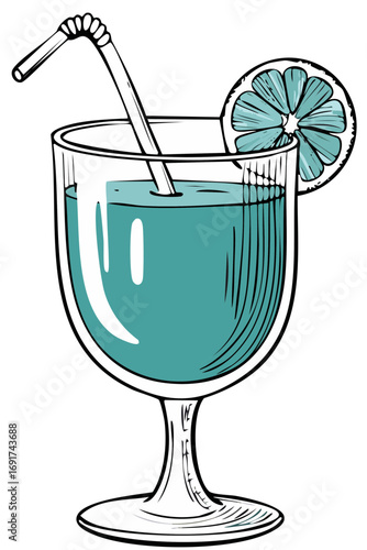 Blue Cocktail in a Glass with Straw and Citrus Slice Hand Drawn Graphic Illustration